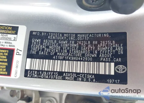 2017 Toyota Camry Se z USA, uszkodzony, nr VIN 4T1BF1FK9HU442930